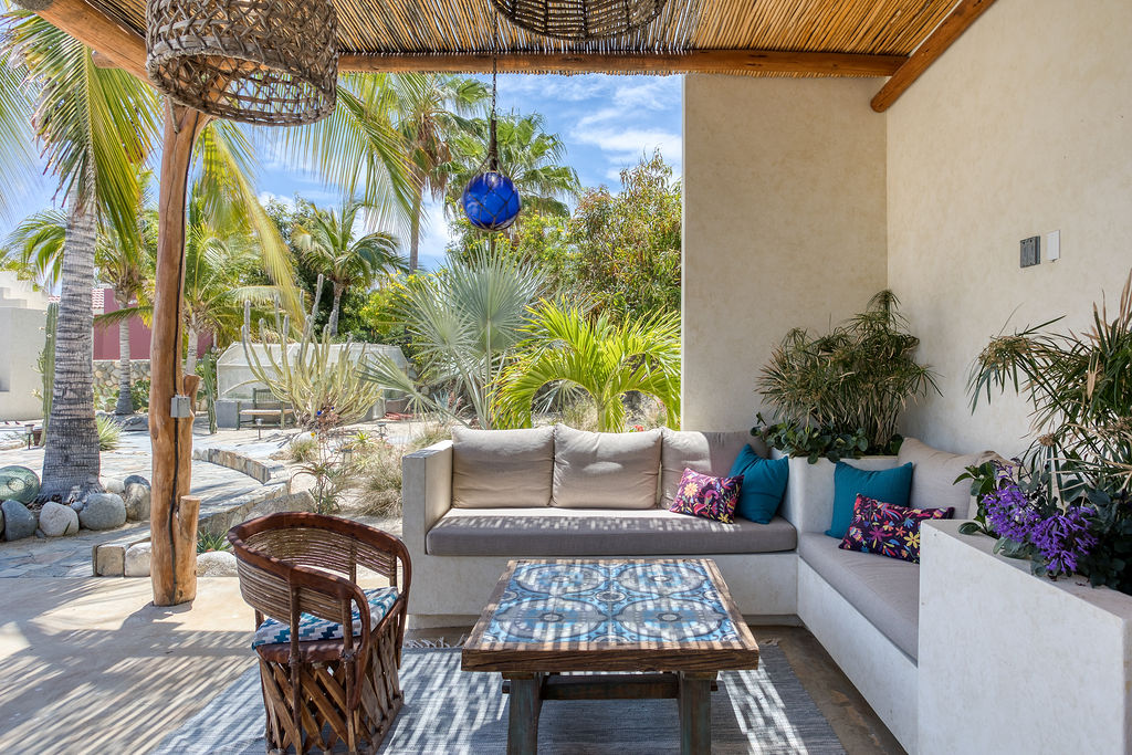 Outdoor lounge with garden view